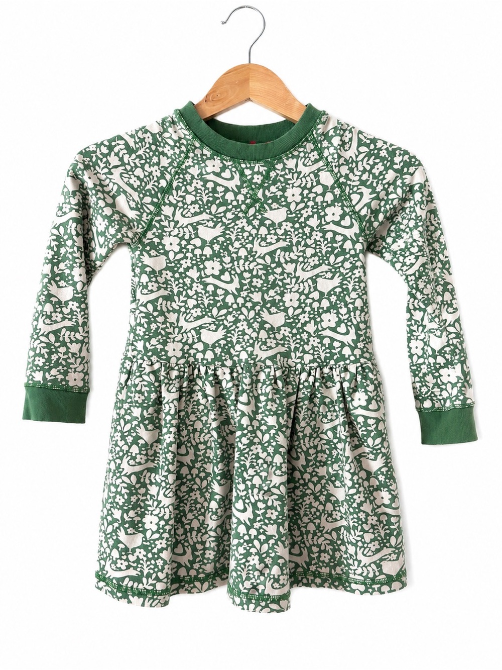 Mini Boden Green and White Floral Bird Print Dress with Pink Trim